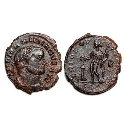 224 - Maximianus follis. Lugdunum, AD 301-3. Billon, 28mm, 8.5g. Laureate and draped bust right, IMP MAXIM... 