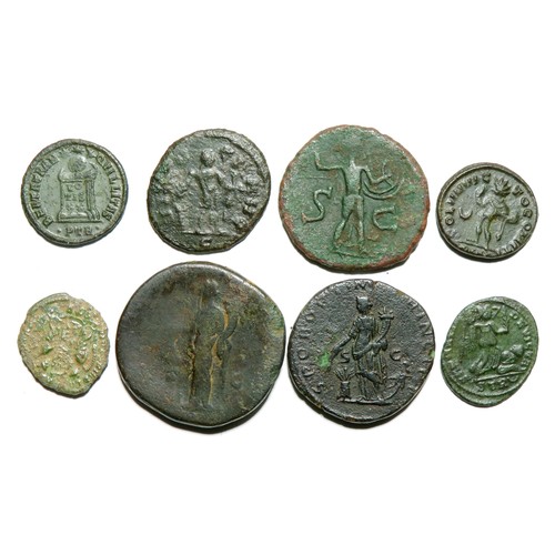 220 - Roman bronze coin group (8). 2nd-4th century AD. Largest 31mm. Marcus Aurelius sestertius, Trajan du... 