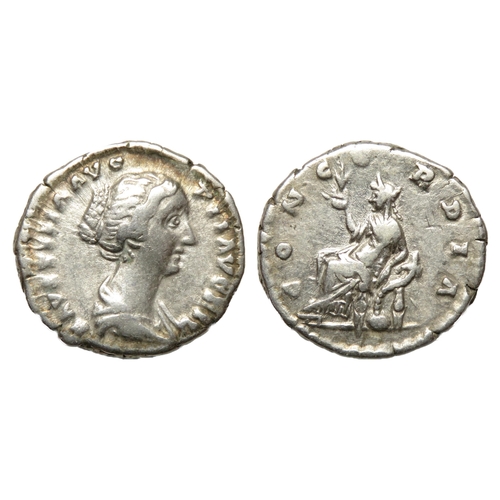 100 - Faustina Junior Silver Denarius. Rome, AD 154-6. Silver, 2.99g. 17.78 mm. Draped bust right, FAVSTIN... 