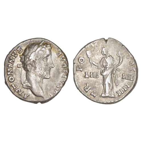 77 - Antoninus Pius Silver Denarius. Rome, AD 145. Silver, 3.23g. 17.30 mm. Laureate bust right, ANTONINV... 