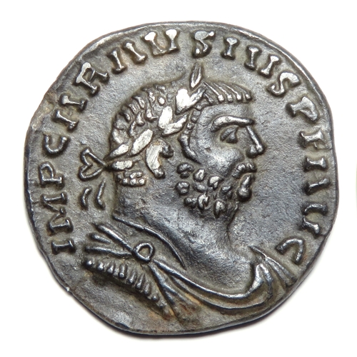 Carausius denarius, AD 286-293. Silver, 3.15g. 19.5 mm. Laureate bust right, IMP CARAVSIVS P F AVG. R. ADVENTVS AV(ICIII or IIIII) reverse type depicting Carausius, draped, cuirassed, riding left, raising right hand and holding  sceptre in left hand. Mint unclear. Ref: RIC V, pt 2, p. 508, cf. no. 535 and p. 524, cf. no. 707.