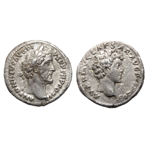 78 - Antoninius Pius and Marcus Aurelius Denarius. Rome, AD 140. Silver, 17.92 mm. Laureate bust right, A... 