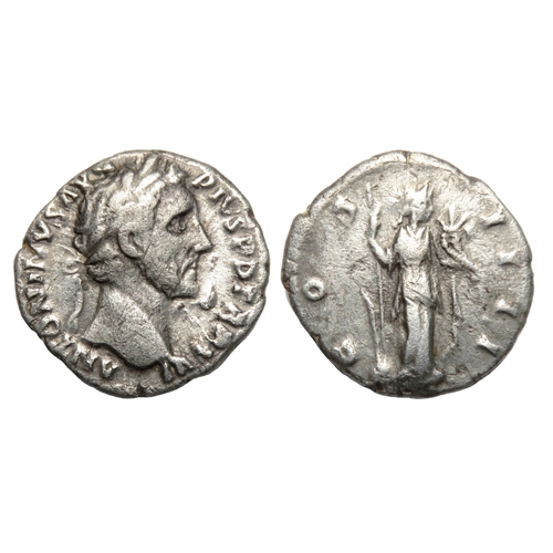 79 - Antoninus Pius Denarius. Rome, AD 152-3. Silver, 2.88g. 17.30 mm. Laureate bust right, ANTONINVS AVG... 