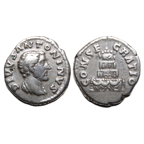 80 - Antoninus Pius Denarius. Rome, AD 161. Silver, 3.34g. 17.71 mm. Bare head right with drapery on left... 