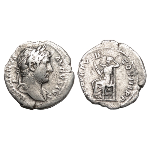 62 - Hadrian Denarius. Silver, 2.31g. 19.02 mm. Laureate bust with drapery on far shoulder right, HADRIAN... 