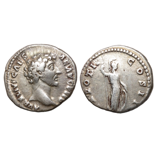 95 - Marcus Aurelius Denarius. Rome, AD 148. Silver, 2.71g. 18.25 mm. Bare-headed bust right, AVRELIVS CA... 