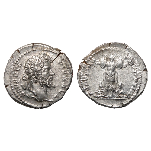 115 - Septimius Severus Denarius. Silver, 2.12g. 20.38 mm. Laureate bust right, SEVERVS PIVS AVG. R. PART ... 