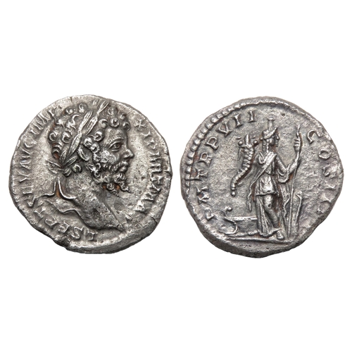 120 - Septimius Severus Denarius. Rome, AD 199. Silver, 2.30g. 17.39 mm. Laureate bust right, L SEPT SEV A... 