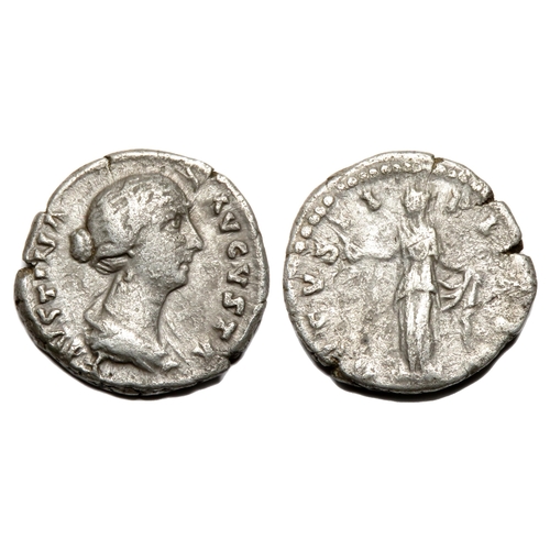 87 - Faustina Denarius. Rome, AD 157-61. Silver, 2.81g. 17.13 mm. Draped bust right, FAVSTINA AVGVSTA. R.... 