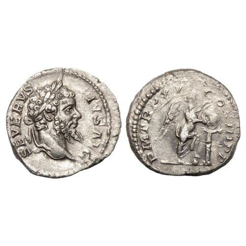 123 - Septimius Severus Denarius. Rome, AD 207. Silver, 2.55g. 19.26 mm. Laureate bust right, SEVERVS PIVS... 