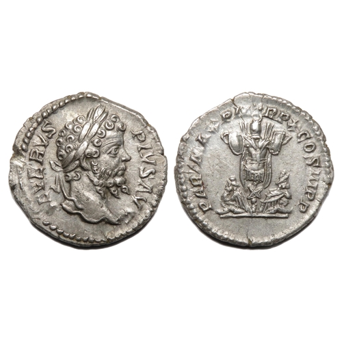 126 - Septimius Severus Denarius. Rome, AD 202. Silver, 2.09g. 18.38 mm. Laureate bust right, SEVERVS PIVS... 