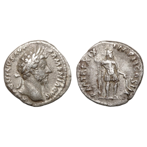 96 - Marcus Aurelius Denarius. Rome, AD 164-5. Silver, 2.93g. 17.70 mm. Laureate bust right, ANTONINIANVS... 