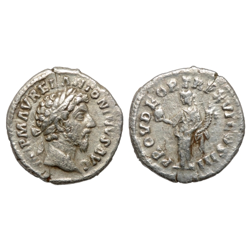 97 - Marcus Aurelius Denarius. Rome, AD 162. Silver, 2.54g. 17.60 mm. Laureate bust right, IMP M AVREL AN... 