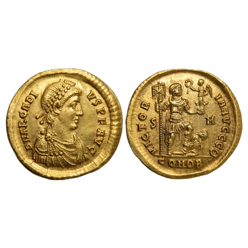 238 - Arcadius Solidus. Gold,  . Constantinople 395-7 AD. Diademed, draped and cuirassed bust right, D N A... 