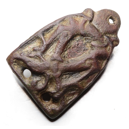 1045 - Viking Stirrup Mount, Circa 10th century AD. Copper-alloy, 19.72g. 46.90 mm. A cast bronze mount det... 