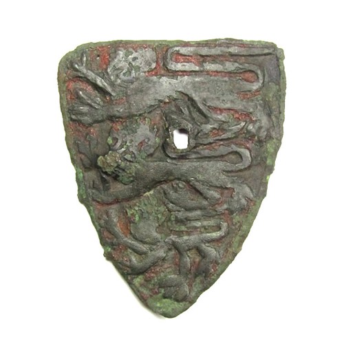 1068 - Large Medieval Heraldic Mount. Copper-alloy, 30.57g. 67.86 x 55.84 mm. A shield-shaped mount depicti... 