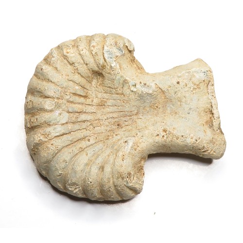 1072 - Pilgrims ampulla. C. 14th century AD. Lead, 44mm x 39mm, 51.1g. Scallop shell type with wide taperin... 