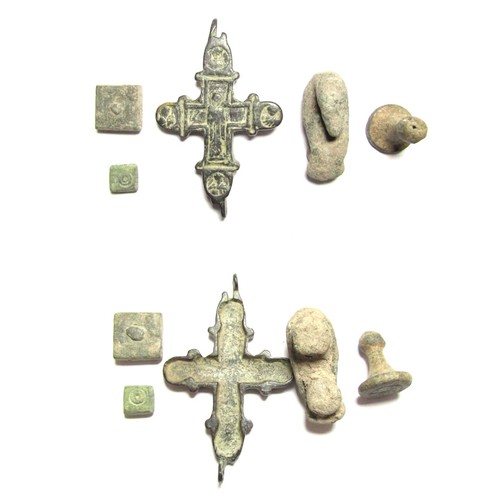 1079 - Artefact Group (5). C. 8th-12th century AD. A mixed lot of interesting pieces. One side of a decorat... 