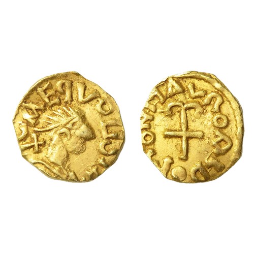 Merovingian gold tremissis. Gold, 13mm, 1.34g. Crude bust right, cross ...