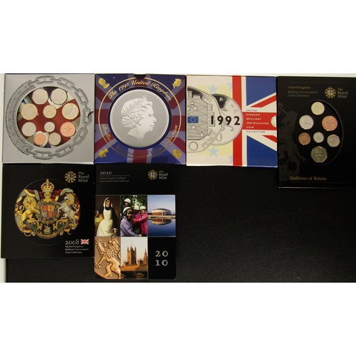 1335 - Royal Mint BUNC Coin Year Sets. (6) 2008, Emblems of Britain 2008, 2010, 1992 with Europe 50p. 1998 ... 