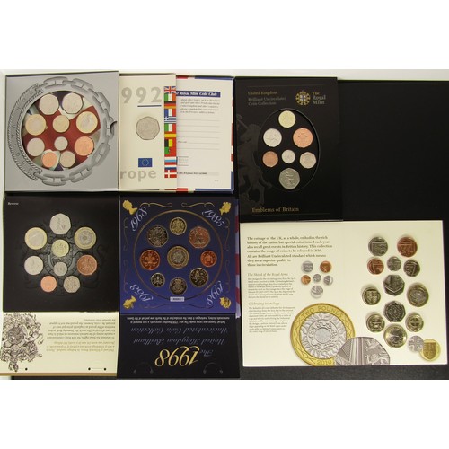 1335 - Royal Mint BUNC Coin Year Sets. (6) 2008, Emblems of Britain 2008, 2010, 1992 with Europe 50p. 1998 ... 