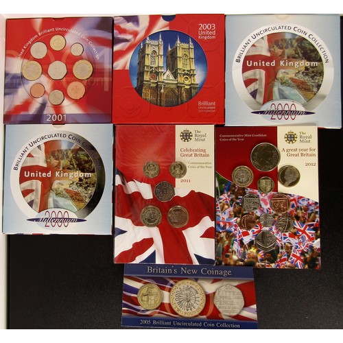 1337 - Royal Mint BUNC Coin Sets in Presentation Packs (7). 2003.  Britain's New Coinage 2005. 2011 Commemo... 