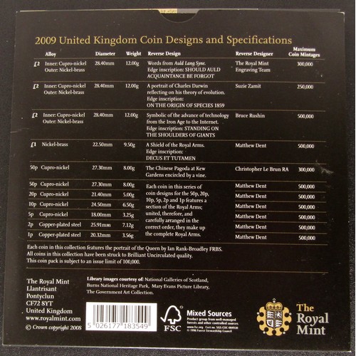 1339 - Royal Mint BUNC 2009 Year Set in Presentation Pack, includes the Kew Gardens Fifty Pence Coin.