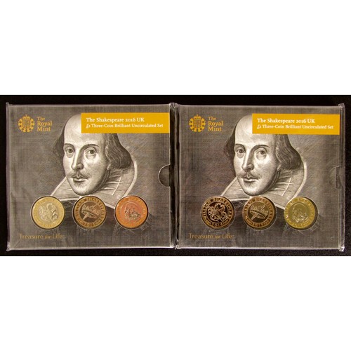 1344 - Royal Mint, The Shakespeare 2016 UK £2 Three-Coin BUNC set x 2.