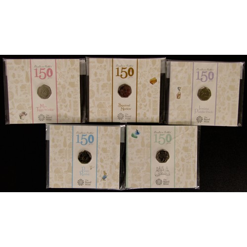 1345 - Royal Mint Beatrix Potter, 150 Years Sealed BUNC Fifty Pence Coins 2015 (5). Jemima Puddle-Duck, Squ... 