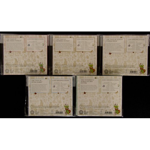 1345 - Royal Mint Beatrix Potter, 150 Years Sealed BUNC Fifty Pence Coins 2015 (5). Jemima Puddle-Duck, Squ... 