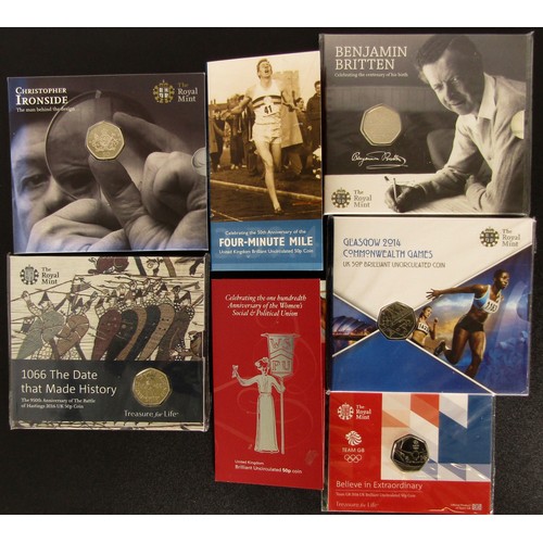 1346 - Royal Mint BUNC Fifty Pence Coins in Presentation Packs (7). Four-Minute Mile 2004. Team GB 2016. Co... 