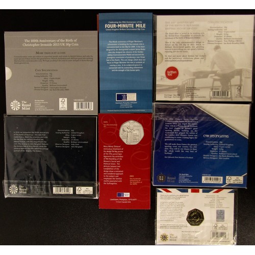 1346 - Royal Mint BUNC Fifty Pence Coins in Presentation Packs (7). Four-Minute Mile 2004. Team GB 2016. Co... 