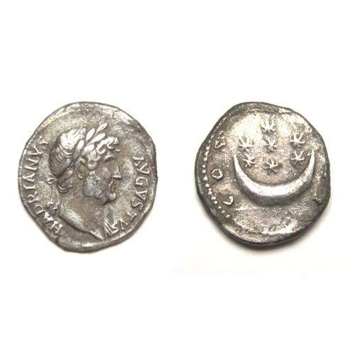 67 - Hadrian Denarius. Rome, AD 127. Silver, 3.11g. Laureate bust right, HADRIANVS AVGVSTVS. R. COS III, ... 