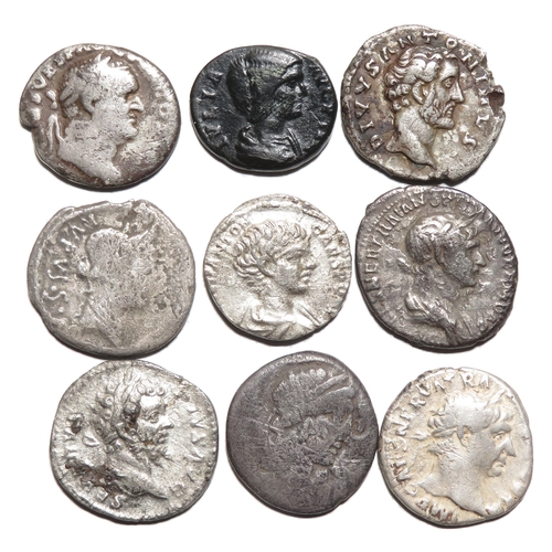 184 - Roman silver denarii group to include coins of Vespasian, Trajan, Hadrian, Antoninus Pius, Septimius... 