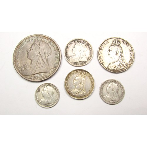 400 - Victoria coin group. (6). Crown, 1895. Florin, 1887. Shillings, 1887 & 1901. Sixpences, 1899 &am... 