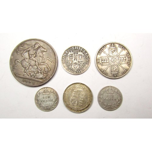 400 - Victoria coin group. (6). Crown, 1895. Florin, 1887. Shillings, 1887 & 1901. Sixpences, 1899 &am... 