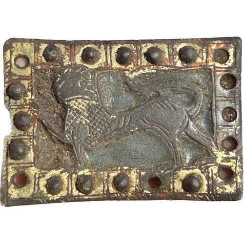 109 - Medieval Zoomorphic Mount. Circa 13th-14th century AD. Copper-alloy, 16.78g. 50 mm. A rectangular gi... 