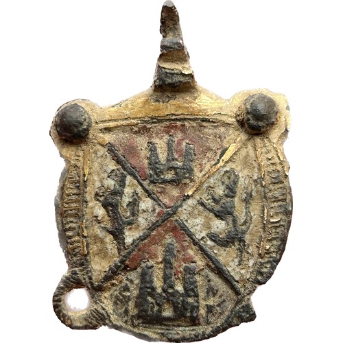 68 - Medieval Heraldic Pendant. Circa 14th-15th century AD. Copper-alloy, 7.14g. 36 mm. The face of the p... 