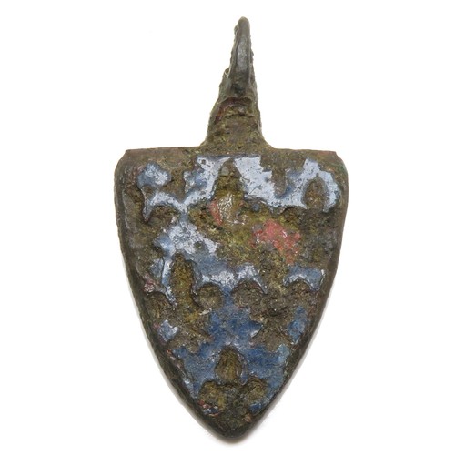 70 - Medieval Heraldic Pendant. Circa 13th-14th century AD. Copper-alloy, 26mm x 15mm, 3.84g. A shield-sh... 