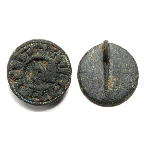 93 - Medieval bronze seal matrix, the circular face engraved with the device of a bird of prey and the in... 