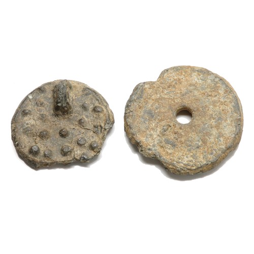 96 - Two medieval lead seal matrices c. 13th century. A circular seal matrix, centrally pierced, S' ROBER... 