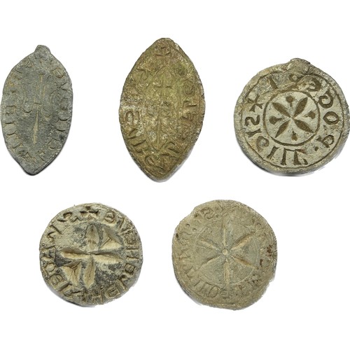 98 - Medieval Seal Matrices (5). Circa 13th-14th century AD. Lead, largest 38 mm. Three round and two ves... 