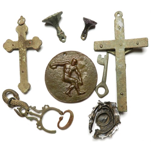 99 - Two medieval seal matrices and other artefacts including a medieval bronze key, two crucifixes, a sn... 