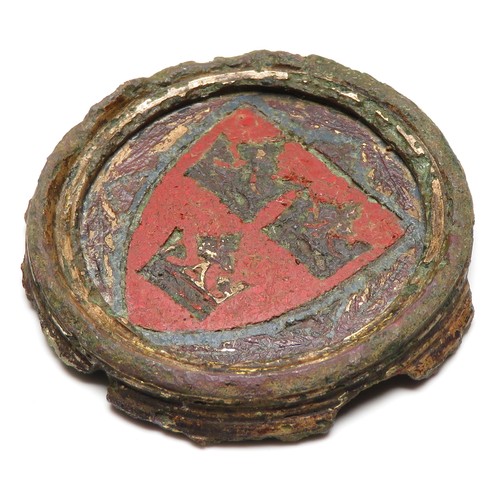 79 - Medieval Diocese of Ely heraldic enamelled roundel, circa 13th century. A thick bronze roundel ename... 