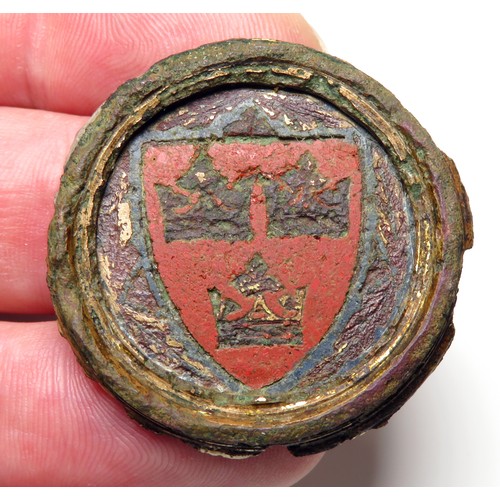 79 - Medieval Diocese of Ely heraldic enamelled roundel, circa 13th century. A thick bronze roundel ename... 