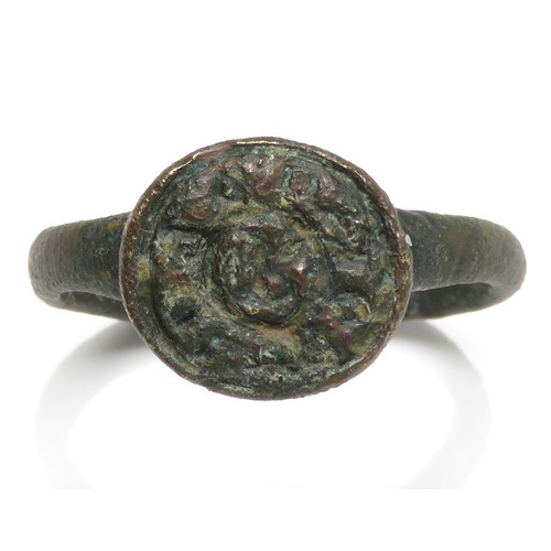 123 - Medieval bronze seal ring c. 15th - 16th century. 25mm diameter x 12mm, 5.55g.  Recorded on the PAS ... 