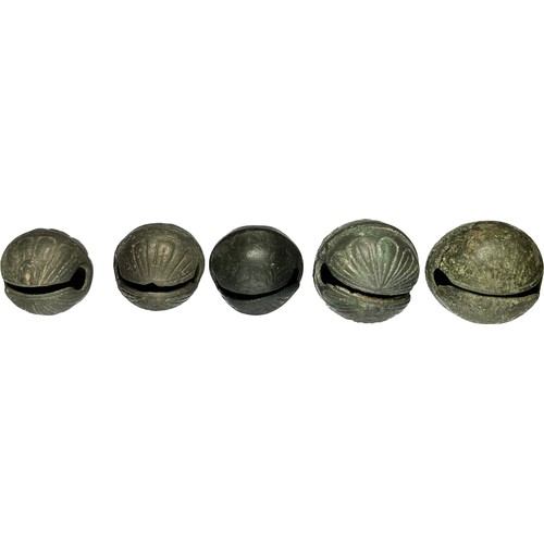 137 - Five Post Medieval Bronze Bells. (5). Circa 17th-18th century AD. Copper-alloy, 31 mm - 36 mm. A sel... 