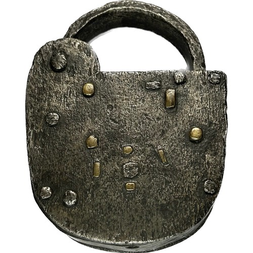 146 - Large 18th Century Padlock. Circa 1750-1800. Iron, 118 x 87 mm. An impressive shield-shaped  hand-wr... 