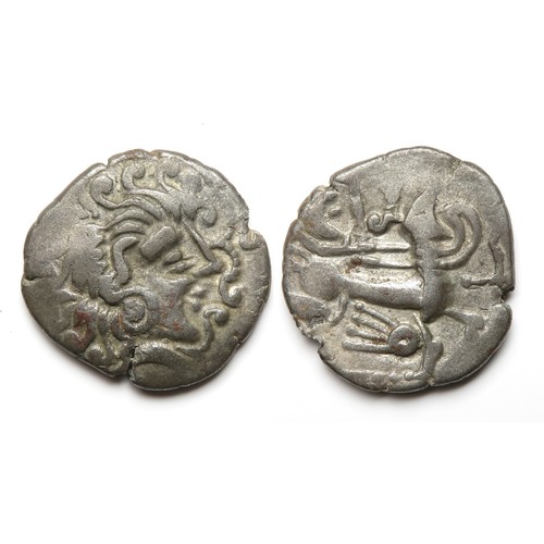 152 - Armorica, Coriosolites billon stater c. 80 - 50 BC. Hybrid of class VI/Vb. Obv: Head right, hair in ... 