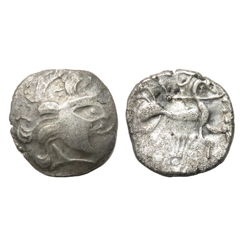 153 - Armorica, Abrincatui billon stater, lyre type, 2nd - 1st century BC. Obv: Human head right, hair in ... 